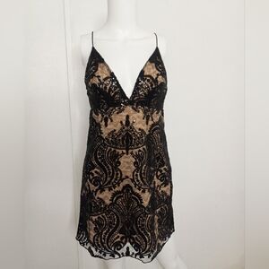 Free People Sequin Lace Deep V  Night Shimmer Mini Dress